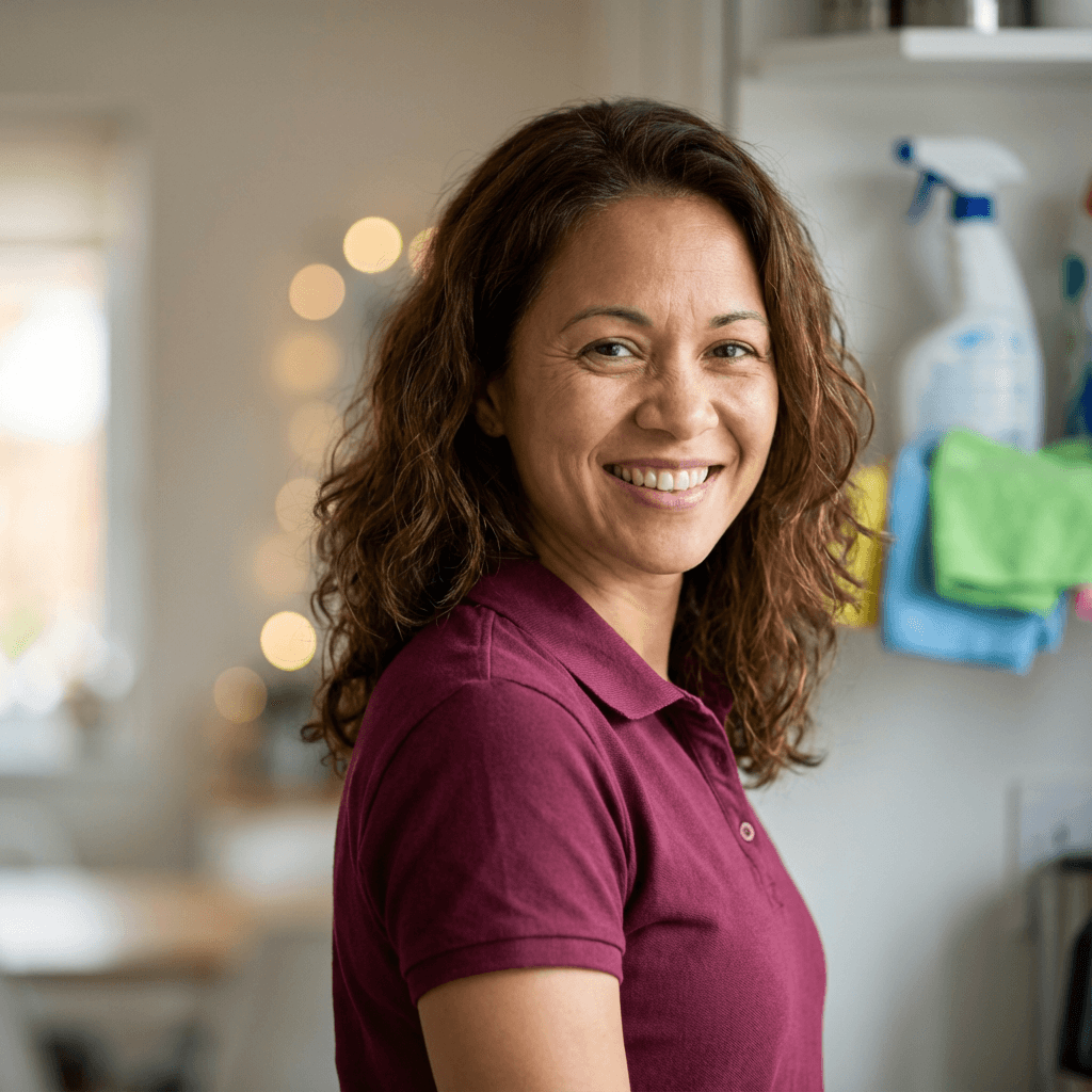 Angela Flores in a casual top in a kitchen
